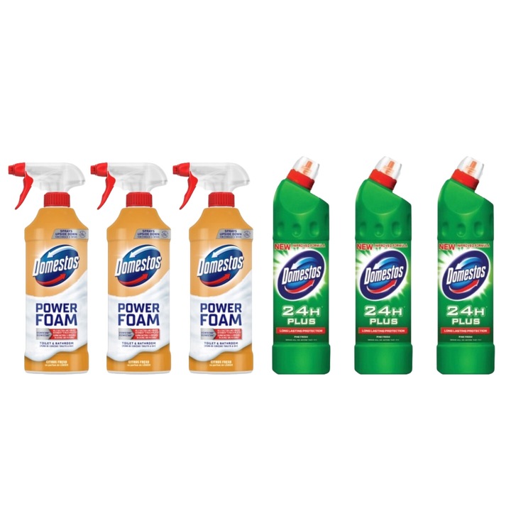 Set Curatenie Toaleta Domestos 6 x Componente, 3 x Spuma Baie 435ml Lamaie, 3 x Solutie WC Lichid 750ml Pin, rapid si eficient, testat dermatologic, prospetime de lunga durata, elimina mirosuri neplacute