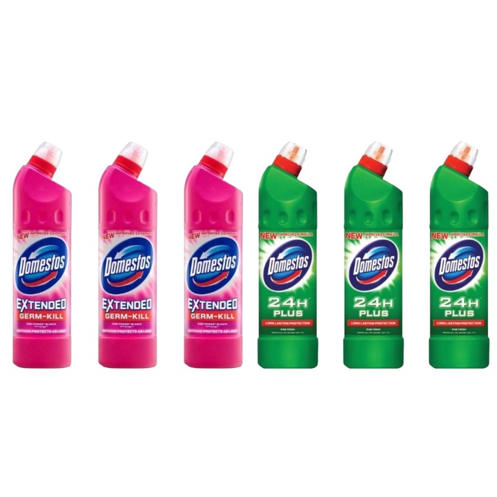 Set Curatenie Toaleta Domestos 6 x Componente, 3 x Solutie WC Lichid 750ml Pink Fresh, 3 x Solutie WC Lichid 750ml Pin, rapid si eficient, testat dermatologic, prospetime de lunga durata, elimina mirosuri neplacute