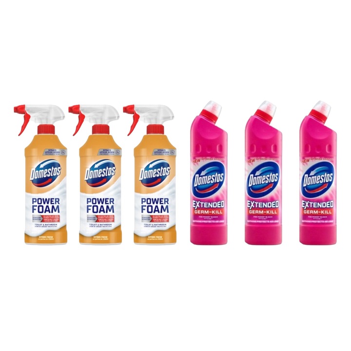 Set Curatenie Toaleta Domestos 6 x Componente, 3 x Spuma Baie 435ml Lamaie, 3 x Solutie WC Lichid 750ml Pink Fresh, rapid si eficient, testat dermatologic, prospetime de lunga durata, elimina mirosuri neplacute