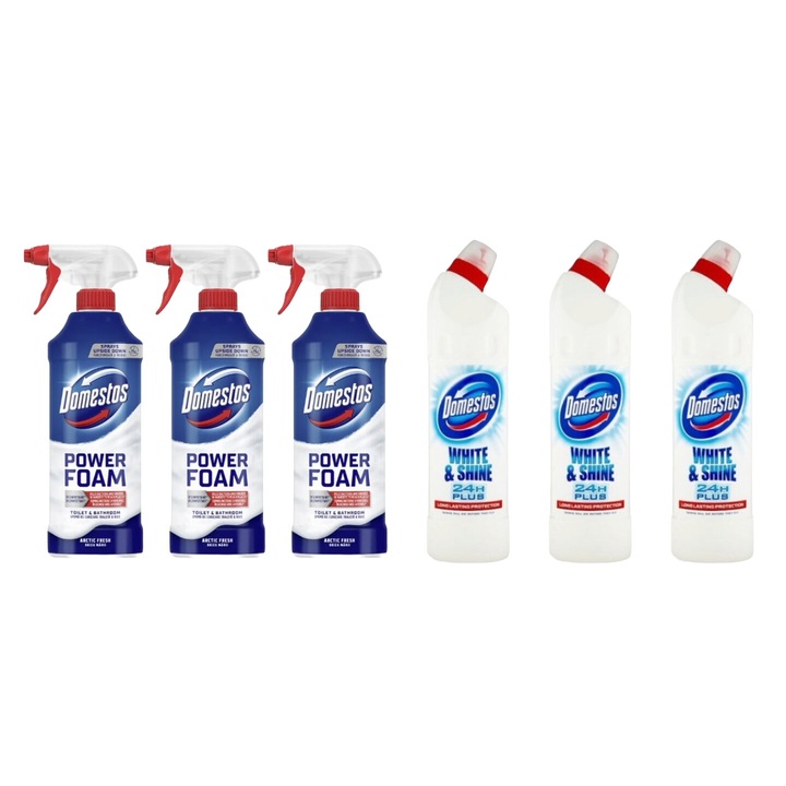 Set Curatenie Toaleta Domestos 6 x Componente, 3 x Spuma Baie 435ml Briza Marii, 3 x Solutie WC Lichid 750ml White&Shine, rapid si eficient, testat dermatologic, prospetime de lunga durata, elimina mirosuri neplacute