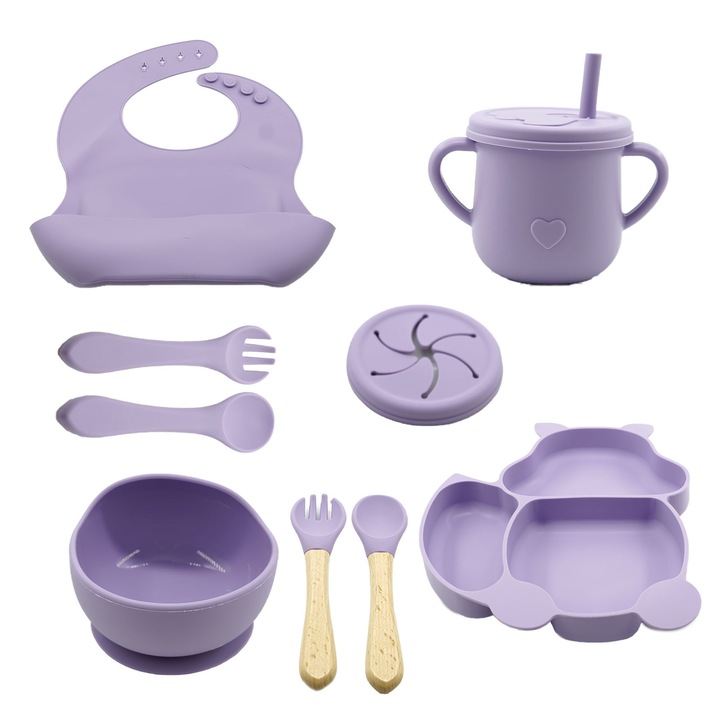 Комплект от 10 артикула за разнообразяване на бебета и деца от силикон, лигавник, разделна чиния с вендуза, купа с вендуза, дървени и силиконови прибори, чаша за закуски, без алергени, лилава