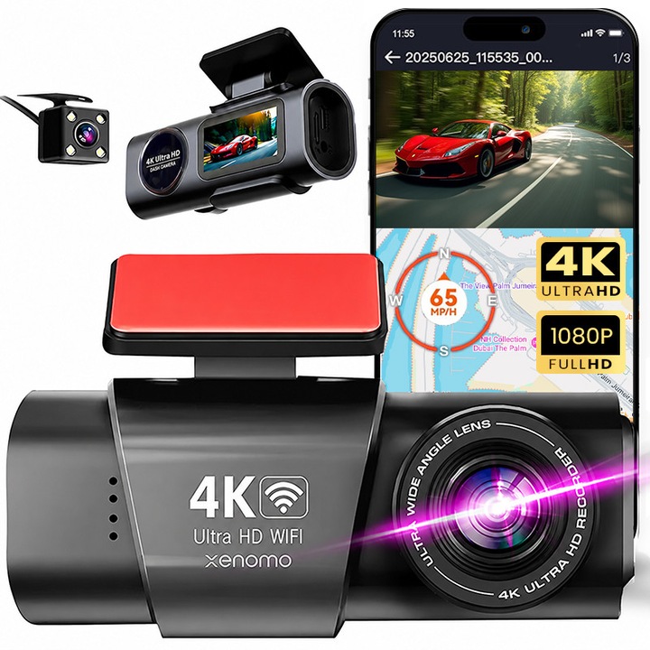 Camera Auto DVR Xenomo Ride-X, Camera de bord ultracompacta, FULL HD 4K, Inregistrare in bucla, Vedere nocturna, G-Sensor, Instructiuni vocale, Unghi filmare 170°, Camera video marsarier