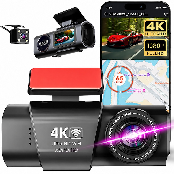 Camera Auto DVR Xenomo Ride-X, Camera de bord ultracompacta, FULL HD 4K, Inregistrare in bucla, Vedere nocturna, G-Sensor, Instructiuni vocale, Unghi filmare 170°, Camera video marsarier