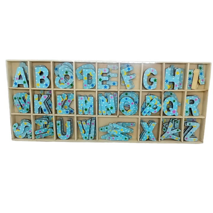 Set litere din lemn, 3 cm, bleu cu stelute, 135 bucati