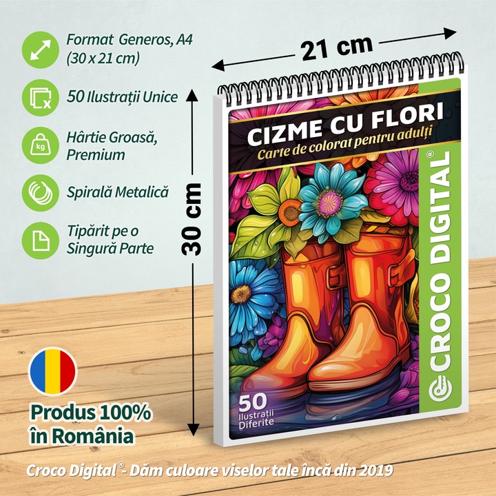 Carte de colorat pentru adulti, Cizme cu Flori, 50 Mandale Antistres pentru Relaxare, 106 pagini, 2024