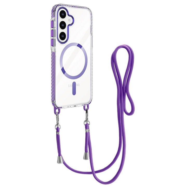 Husa pentru Samsung Galaxy S24, Snur detasabil, Antisoc, Protectie Superioara, Bumper interior, Magsafe, Transparenta cu Violet