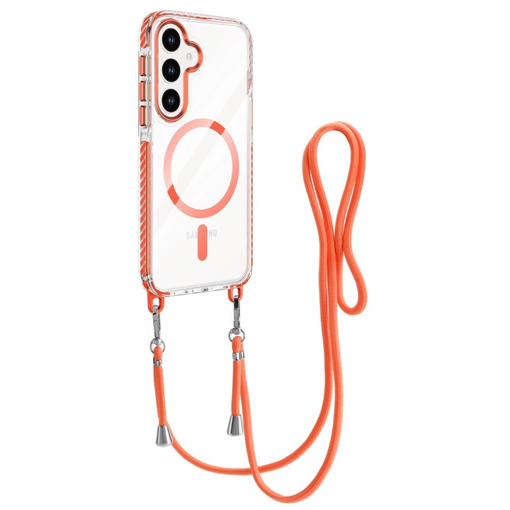 Husa pentru Samsung Galaxy S24 Plus, Snur detasabil, Antisoc, Protectie Superioara, Bumper interior, Magsafe, Transparenta cu Portocaliu