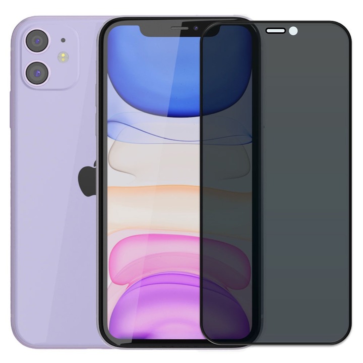 Folie din sticla securizata pentru Apple iPhone 11, HAMSTERBOX Privacy Shield, Protectie completa ecran, Full face, Aplicare rapida, Case Friendly, Negru