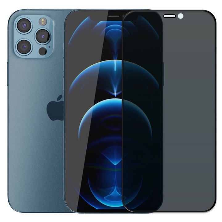 Folie din sticla securizata pentru Apple iPhone 12 Pro, HAMSTERBOX Privacy Shield, Protectie completa ecran, Full face, Aplicare rapida, Case Friendly, Negru