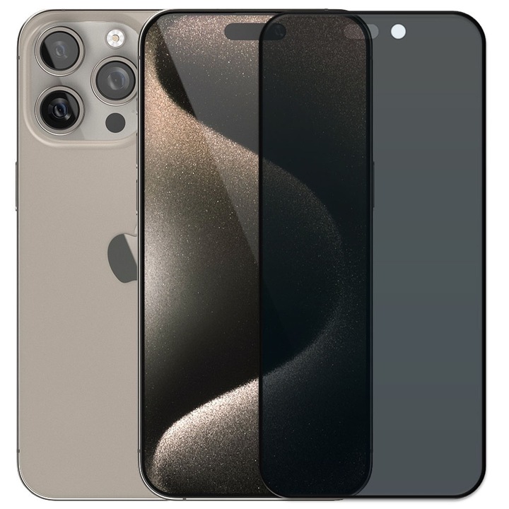 Folie din sticla securizata pentru Apple iPhone 15 Pro Max, HAMSTERBOX Privacy Shield, Protectie completa ecran, Full face, Aplicare rapida, Case Friendly, Negru