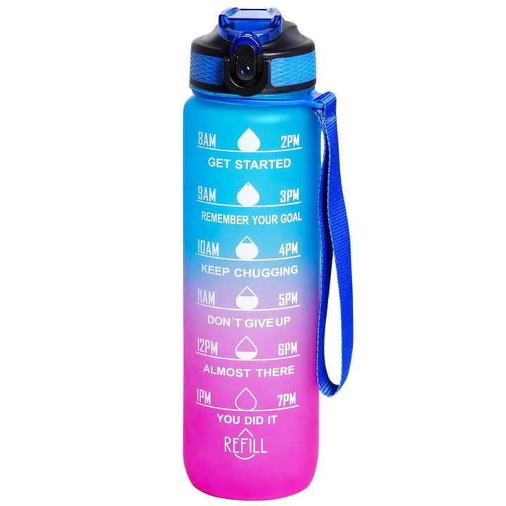 Edibazzar 1L спортна бутилка, екологична пластмаса, със сламка, BPA Free, розово/синьо