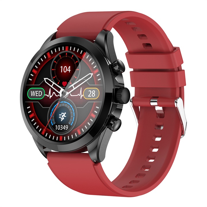 Смарт часовник NUBI ET44, Bluetooth разговор, Спортни режими, Стъпки, Следене на сърдечната честота, Сън, Ниво на кислород, Нотификации, Червен силикон
