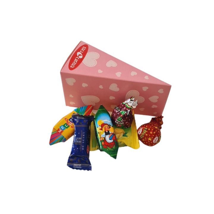 Cutie carton in forma felie de tort cu Bomboane Bucuria asortate, 100 gr, set 10 cutii