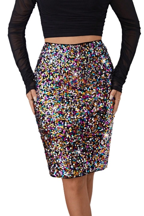 Fusta Eleganta Dama, Tip Creion Cu Paiete, Multicolor, Multicolor