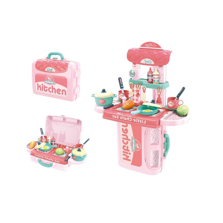 Set Bucatarie pentru Copii, Valiza 3-in-1, Roz, Depozitare Praktica