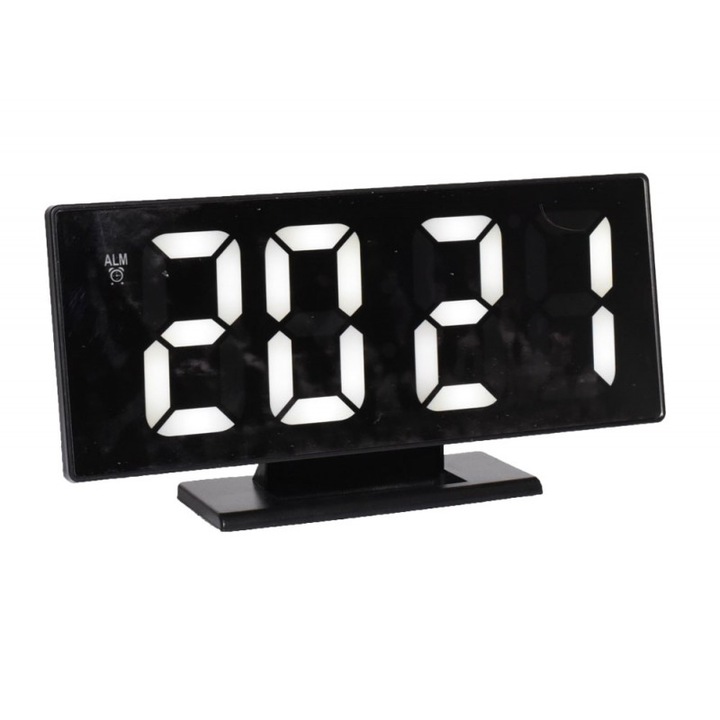 Ceas Electronic de Masa cu LED Alb, Functii de Temperatura si Alarma, Dimensiuni 18.5 x 7.5 x 9.5cm, Negru – Ideal pentru Birou