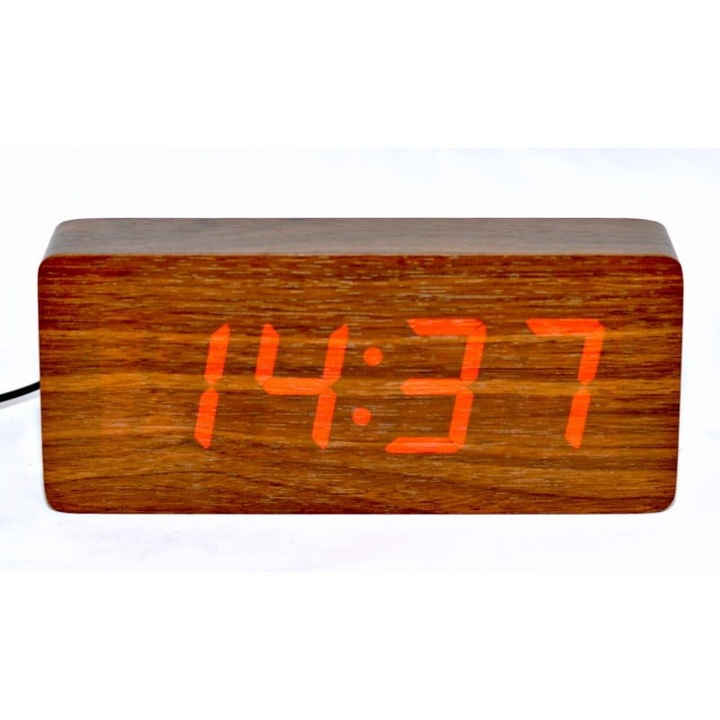 Ceas Digital Mare, Lemn Maro, LED Rosu