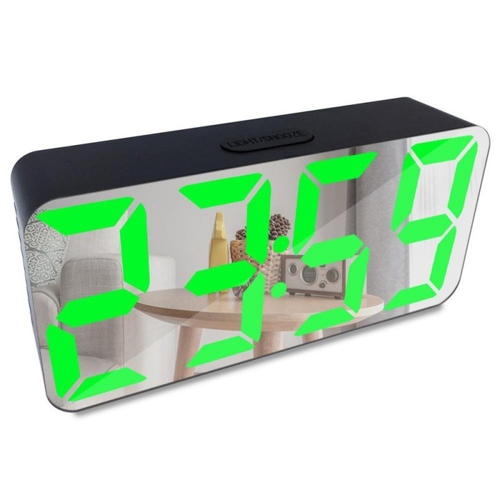 Ceas Digital tip Oglinda, LED Verde, Alarma