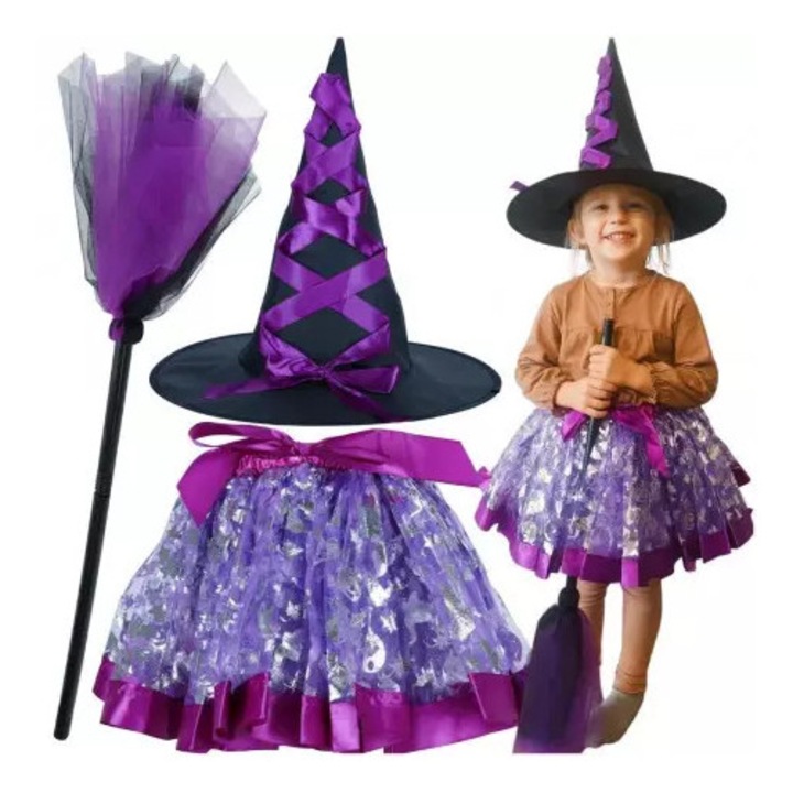 Set costumas halloween copii, micuta vrajitoare, 3 piese, fustita, palarie si matura, 3 ani +, negru cu mov
