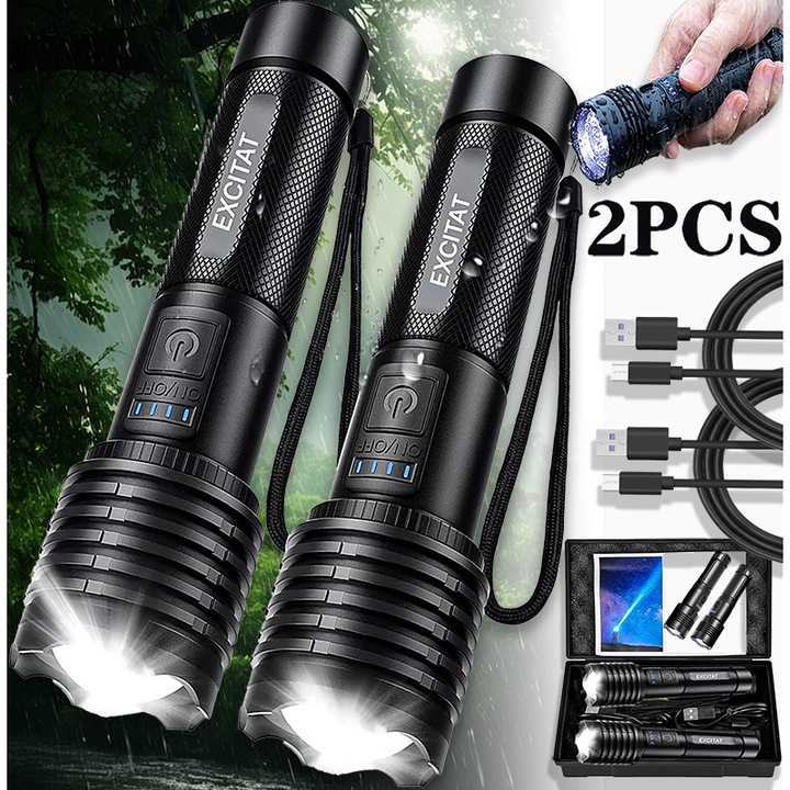 Lanterna P50 2buc, Excitat®, 1500lm, 15W, IPX6 impermeabil, 3 moduri, Raza de actiune 200-500m, USB reincarcabila×2, 18650 Li×2, din aluminiu, Utilizat pe scara larga in camping, Constructii, Autoaparare si salvare de urgenta, Negru