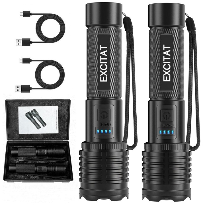 XHP50 Фенер 2бр., EXCITAT®, USB презареждаем, 1000lm, IPX6 водоустойчив, Осветление, Черен