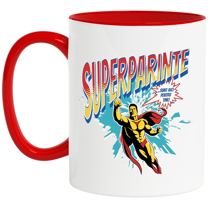 Cana Super Parinte Super Erou, Sunt Aici Pentru Tine, 330ml, Ceramic cu Maner Rosu