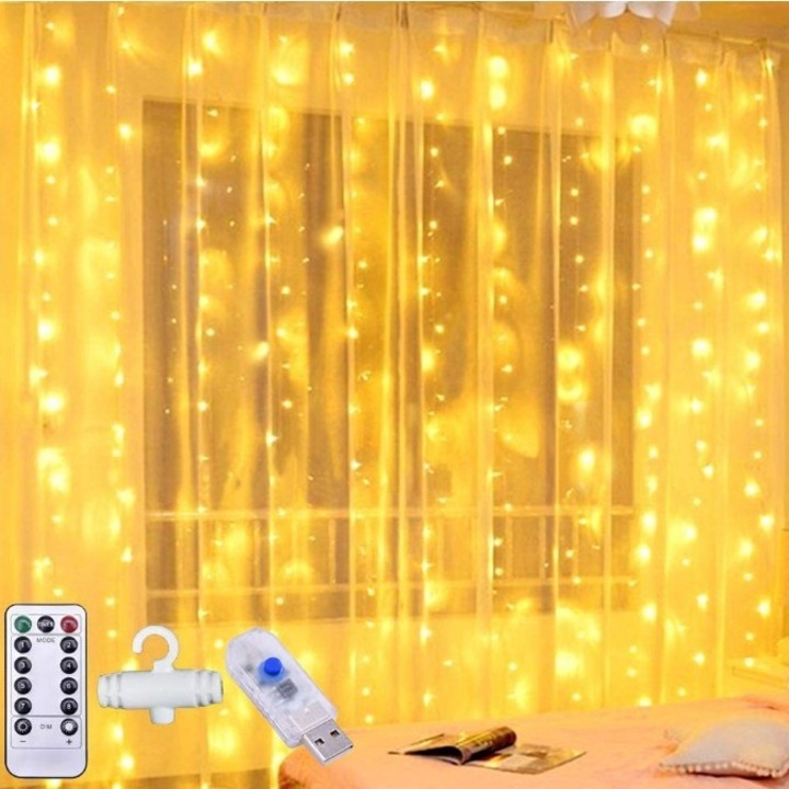 Instalatie de Craciun Perdea, Xinxu, cu Telecomanda, 300 led, 3 M x 3 M, 8 Moduri, Rezistenta la apa, cu carlig, Luminozitate reglabila, alb cald