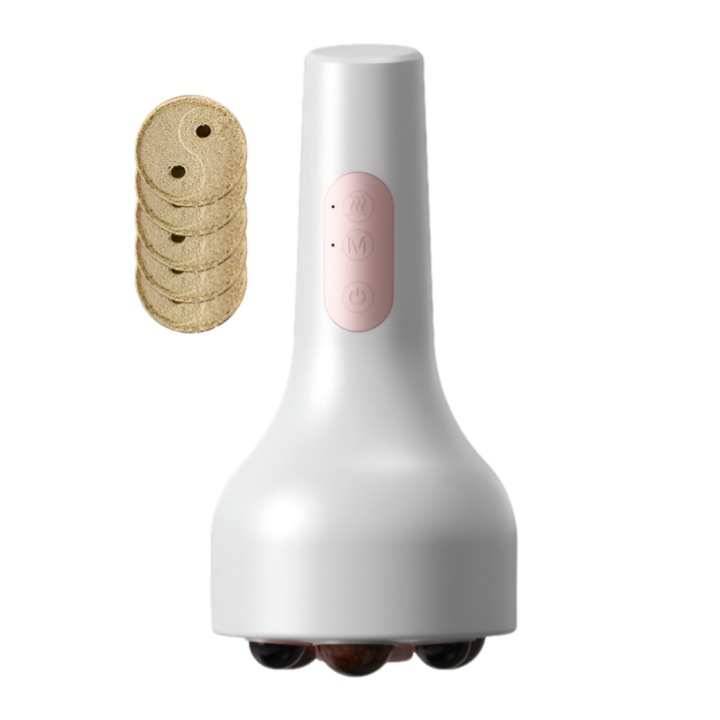 Професионална машина за масаж с биан камъни, топки с нагряване, бездимно изгаряне, коремна, антицелулитна, 6 режима, 3 нива, BiXXBi, облекчаване на менструална болка, мускулна, компактна, 2000 mAh батерия, USB, бяла