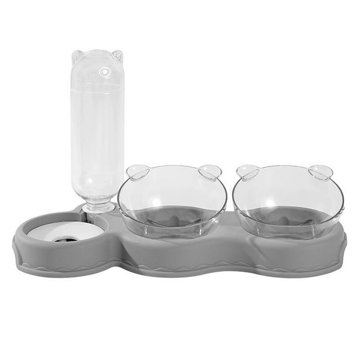 Set castron cu adapatoare pentru animale Momcbebe, alimentare automata cu apa, separare uscat/umed, detasabil, gri, 10x37x12.5x4cm