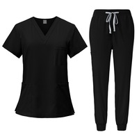 Costum medical de dama, SINBINTA, Decolteu in V, 4 buzunare, Confortabil si respirabil, Care elimina umezeala, Rezistenta la riduri, Cu talie elastica, Nu se decoloreaza, Usor de curatat, Poliester, Marime M, Negru