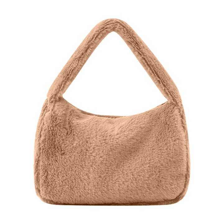 Női bevásárlótáska, plüss anyagból, nagy kapacitású, khaki színű, egy méretben.