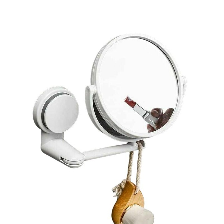 Oglinda cosmetica 2 in 1, dubla fata, cu ventuze, rotire 360°, ajustabila, pentru masa si perete, alb