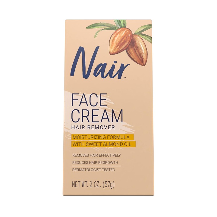 Crema de indepartare a parului facial, Nair, cu ulei de migdale, hidratanta, indepartare eficienta a parului, fara fire de par incarnate, indepartare nedureroasa a parului, usor de invatat, 57 g