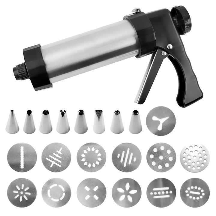 Set Pistolet pentru Sprituit Biscuiti gxwcyi, Inox, 13 Discuri Decorative, 8 Duze, 223x154x62mm