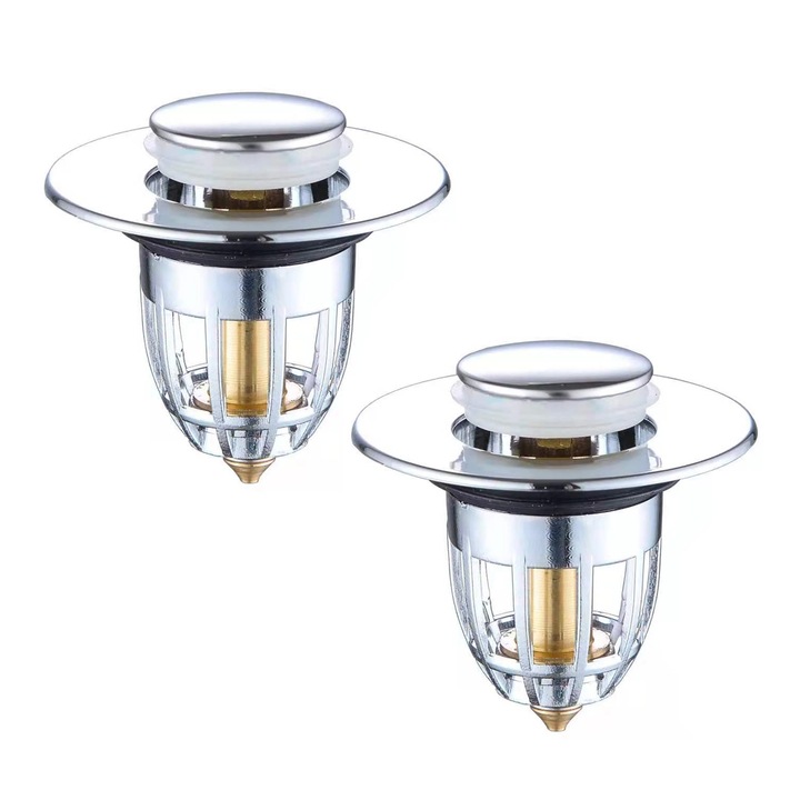 Комплект 2 изскачащи тапи за източване на мивка, Hggzeg, 2 броя, С колектор за косми, Иновативен дизайн, Универсални, За защита от запушване на сифона, 6.2x5.9x3.3cm, Месинг/Силикон, Тъмно сребристи