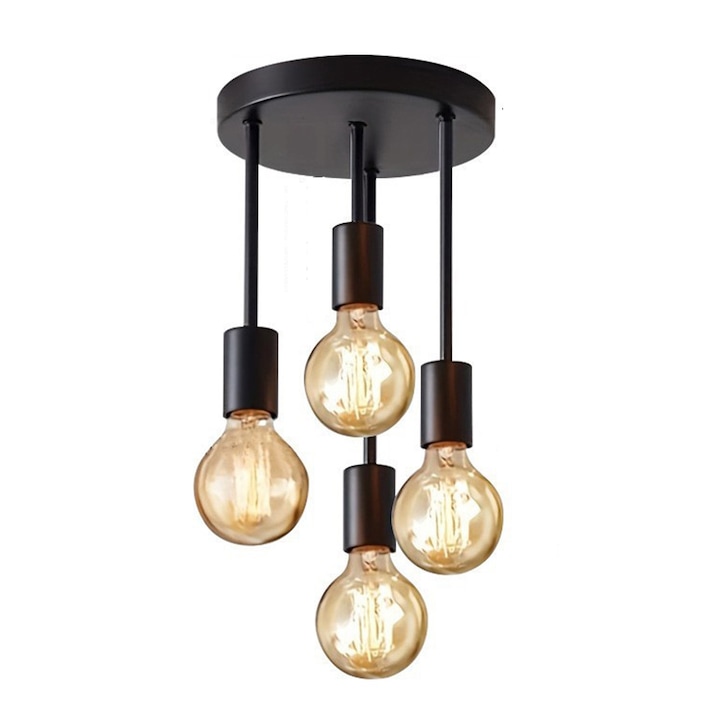 Ipari LED függőlámpa, SINBINTA, 4 fej, Beépítési tartozékokkal, Kerek talp, E27, 50W, Modern vintage, Könnyen szerelhető, Korrózióálló, Rozsdamentes, Fekete