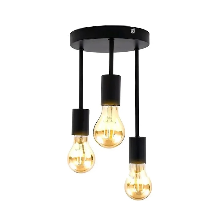 Lustra Vintage, SINBINTA, 3 Capete, Cu accesorii de instalare, Baza rotunda, E27, 50W, Modern vintage, Usor de instalat, Rezistent la coroziune, Prevenirea ruginii, Fier, Negru