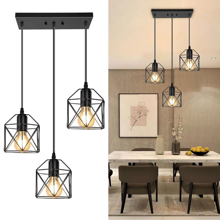 Lustra Vintage, SINBINTA, 3 Capete, Baza patrata, Fir de pandantiv 1.5m, Brate reglabile, E27, 60W, Usor de instalat, Rezistent la coroziune, Prevenirea ruginii, Fier, Negru