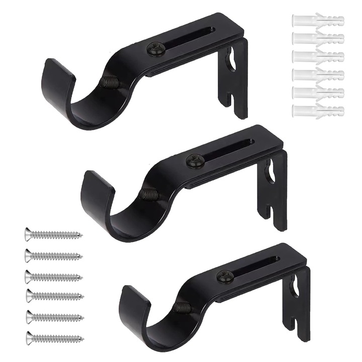Комплект от 3 броя опори за корнизи, SIBINTA, Регулируеми, с двойни отвори, Товароносимост 11 кг, Устойчиви на корозия и износване, Антиръждясващи, Лесни за монтаж, Желязо, 2x8.8-11.5x4.6cm, Черни