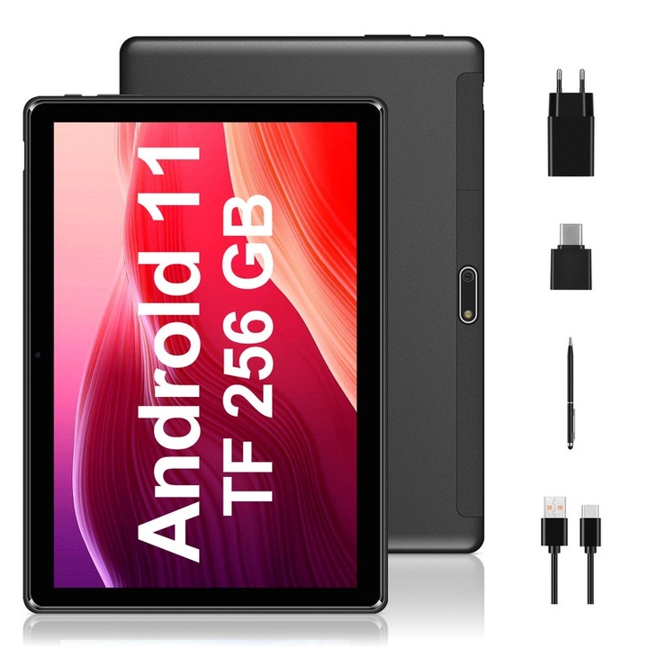 Tablet PC Procesor quad-core Android 11 de 10,1 inchi cu stocare de 64 GB, camere duale de 2 MP de 8 MP, WiFi, Bluetooth, GPS, suport extins de 256 GB, afisaj IPS (negru)