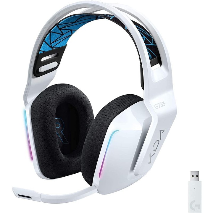 Гейминг слушалки Logitech G733 Kada, безжични LIGHTSPEED, LIGHTSYNC RGB, син VO!CE микрофон, PRO-G аудио, бели, 20 м разстояние