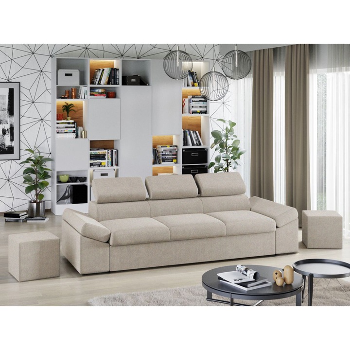 Canapea Magic, extensibila, tetiere reglabile, stofa, 250 x 90 x 90 cm, Crem