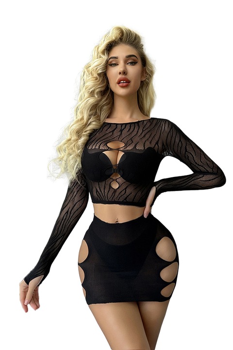 Lenjerie erotica de tip bodystocking alcatuita din doua piese ZS-K252 107100, Negru, One Size
