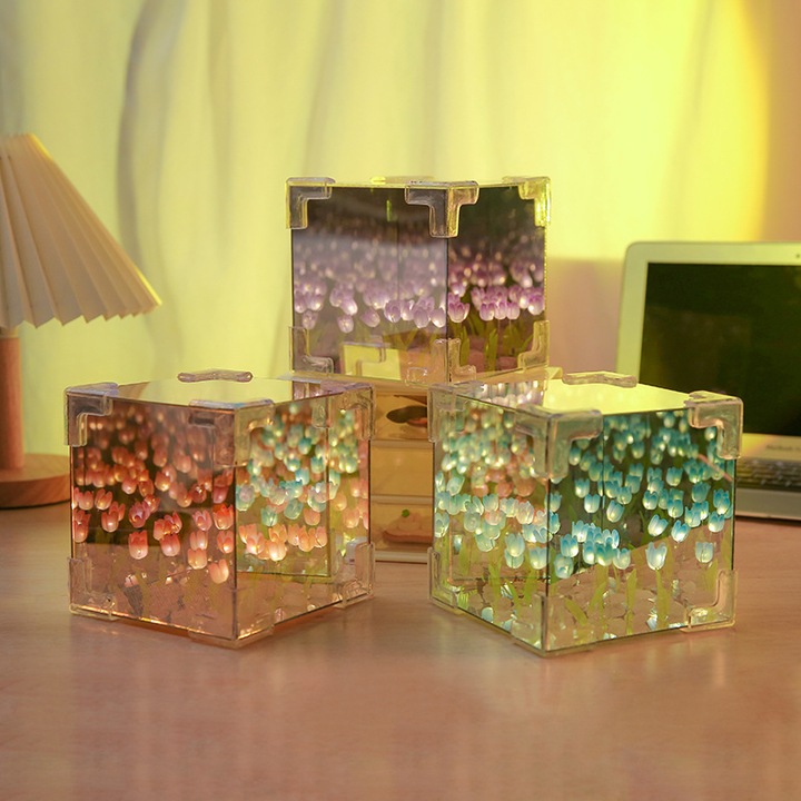 Cube tulip mirror lamp, tulip nightlight, Table lamp decoration Desktop furniture decoration，21 Tulips albastru