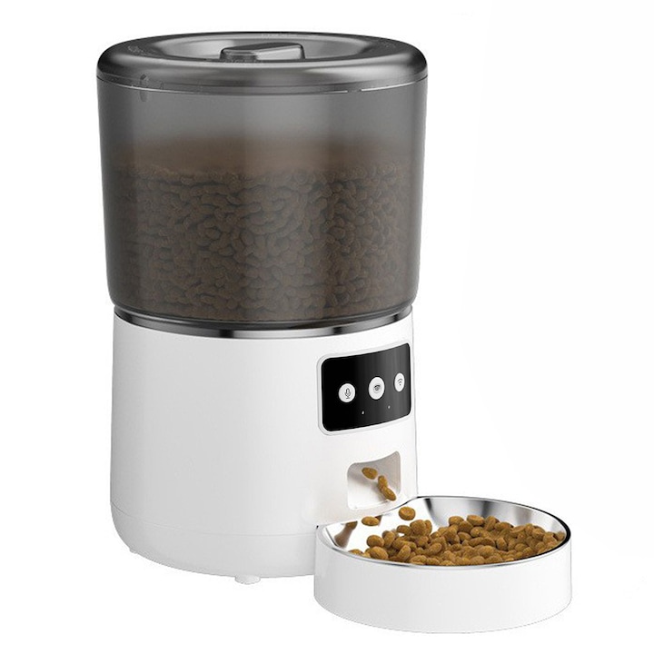 Dozator automat de hrana pentru animale Momcbebe, control prin aplicatie, capacitate 4L, alb, 29.5x30x18.5cm