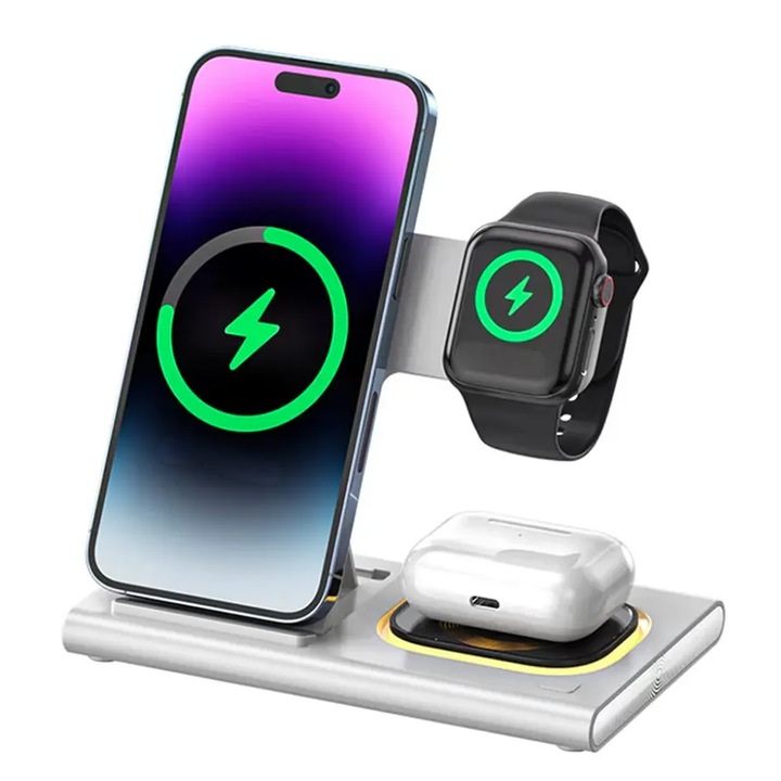 Statie de incarcare wireless 3 in 1 UITAETID, incarcare rapida 15W, compatibila universal, alb