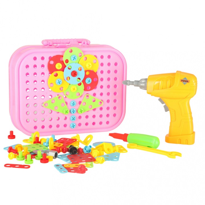 Set creativ de constructie 3D pentru copii, Ikonka Cute Unicorn, cu 285 elemente multicolore in valiza de transport cu maner