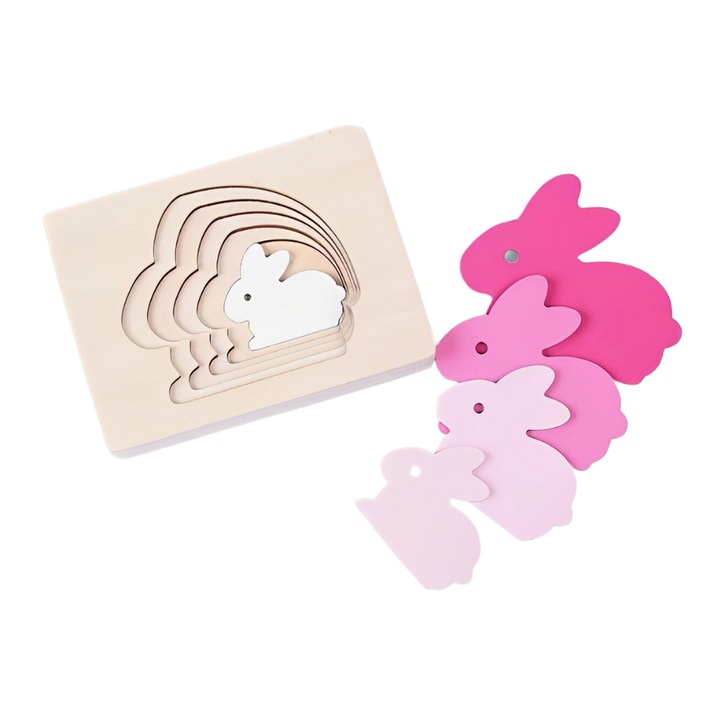 Set 5 puzzle cu iepuras, Onore, multicolor, lemn, 14.5 x 10 x 2 cm, 5 piese