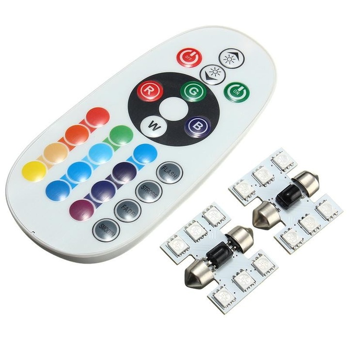 LED Auto RGB cu Telecomanda, Soclu Feston 31mm, Set 2 Buc