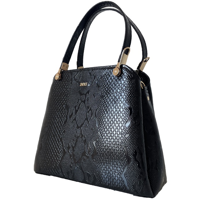 Női táska, irodai, Zea, prémium, kézműves, kígyó típusú fekete természetes bőr, 2 fix fogantyú, 4 rekeszes, 36x26x14